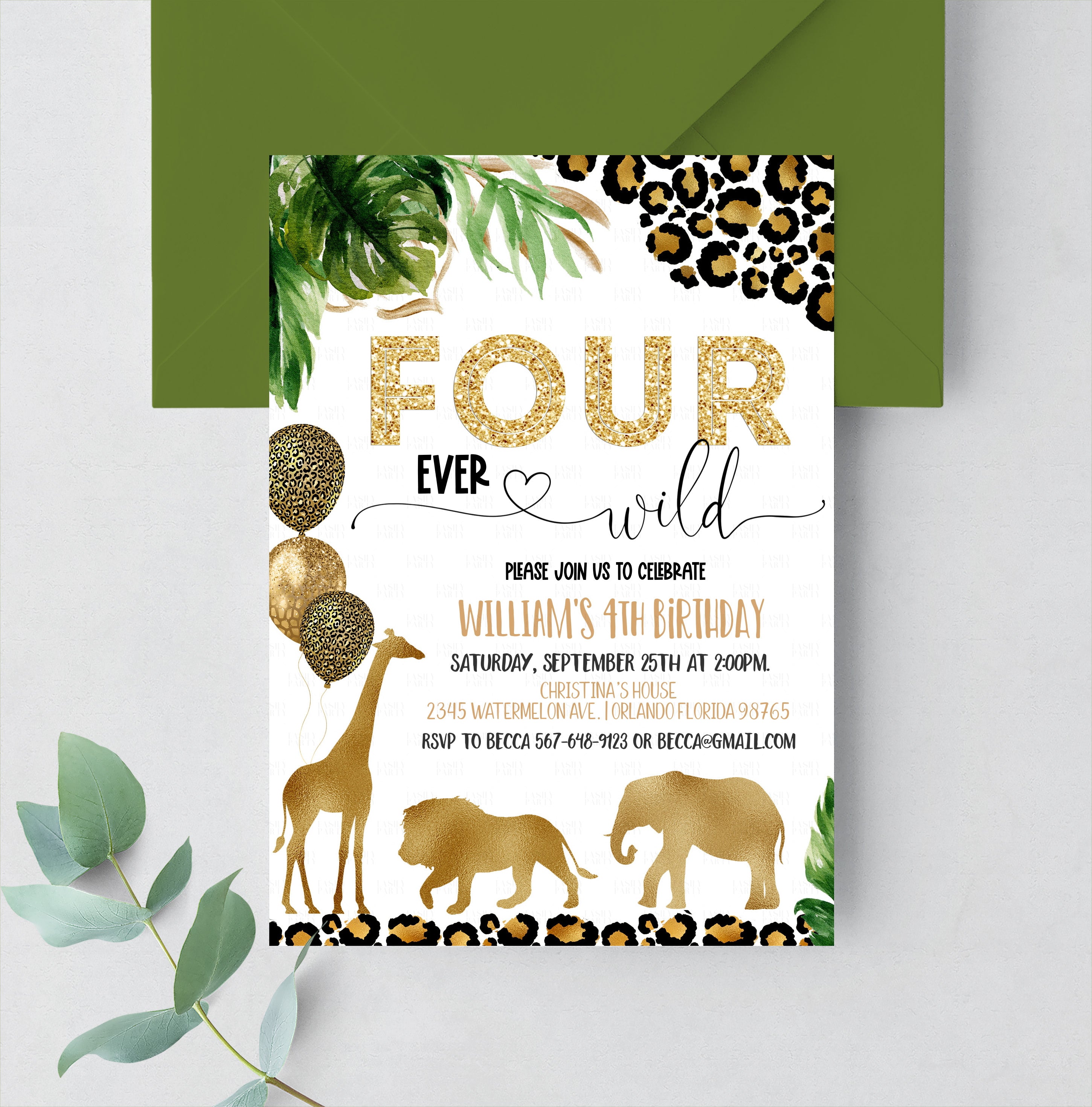 Buy Editable Safari Fourever Wild 4th Birthday Party Invitation