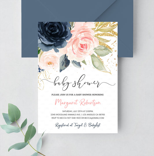 Editable Floral Navy And Pink Baby Shower Invitation