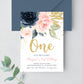 Editable Blush Navy Gold Floral First Birthday Invitation