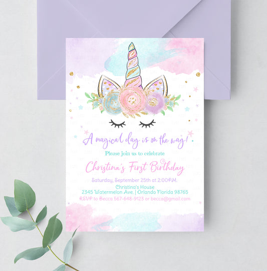 Editable Unicorn Birthday Invitation