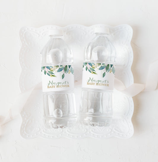 Editable Greenery Baby Shower Water Bottle Label