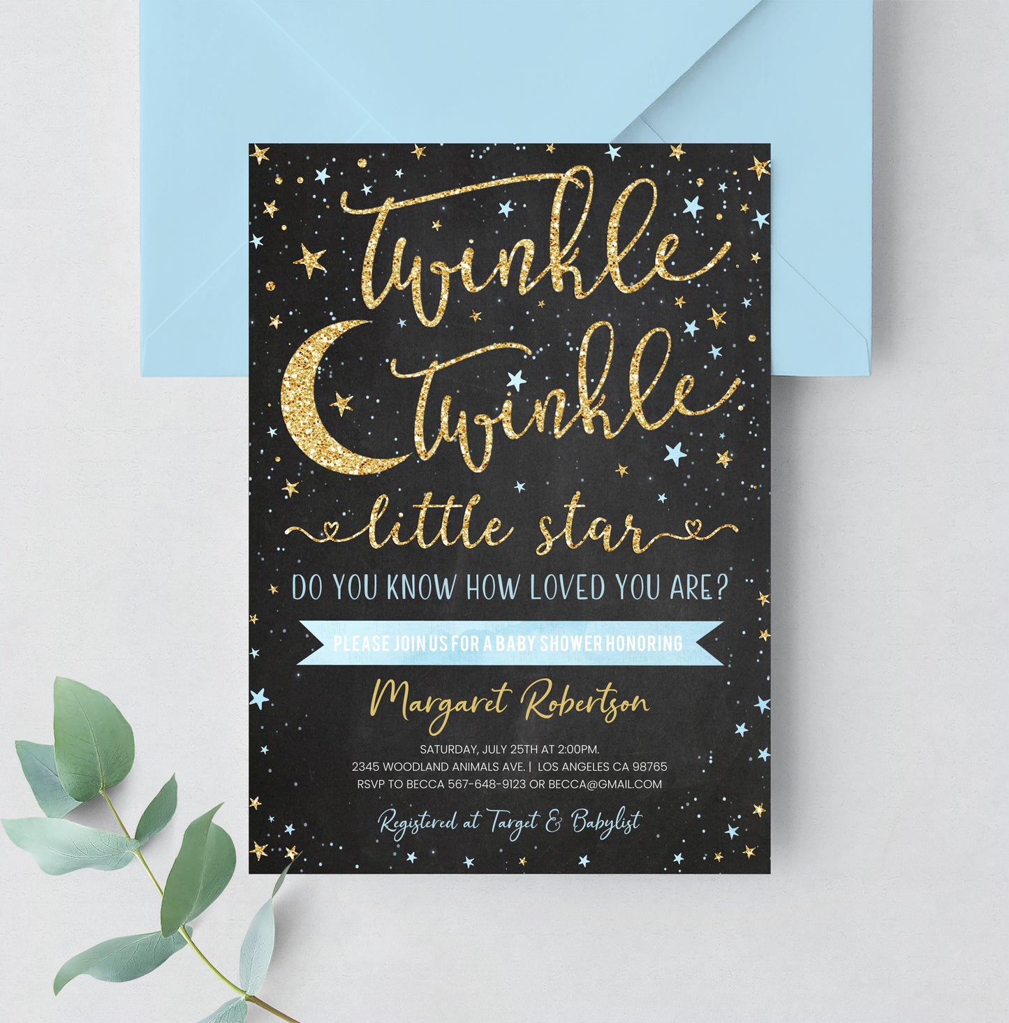 Editable Twinkle Twinkle Little Star Baby Shower Invitation