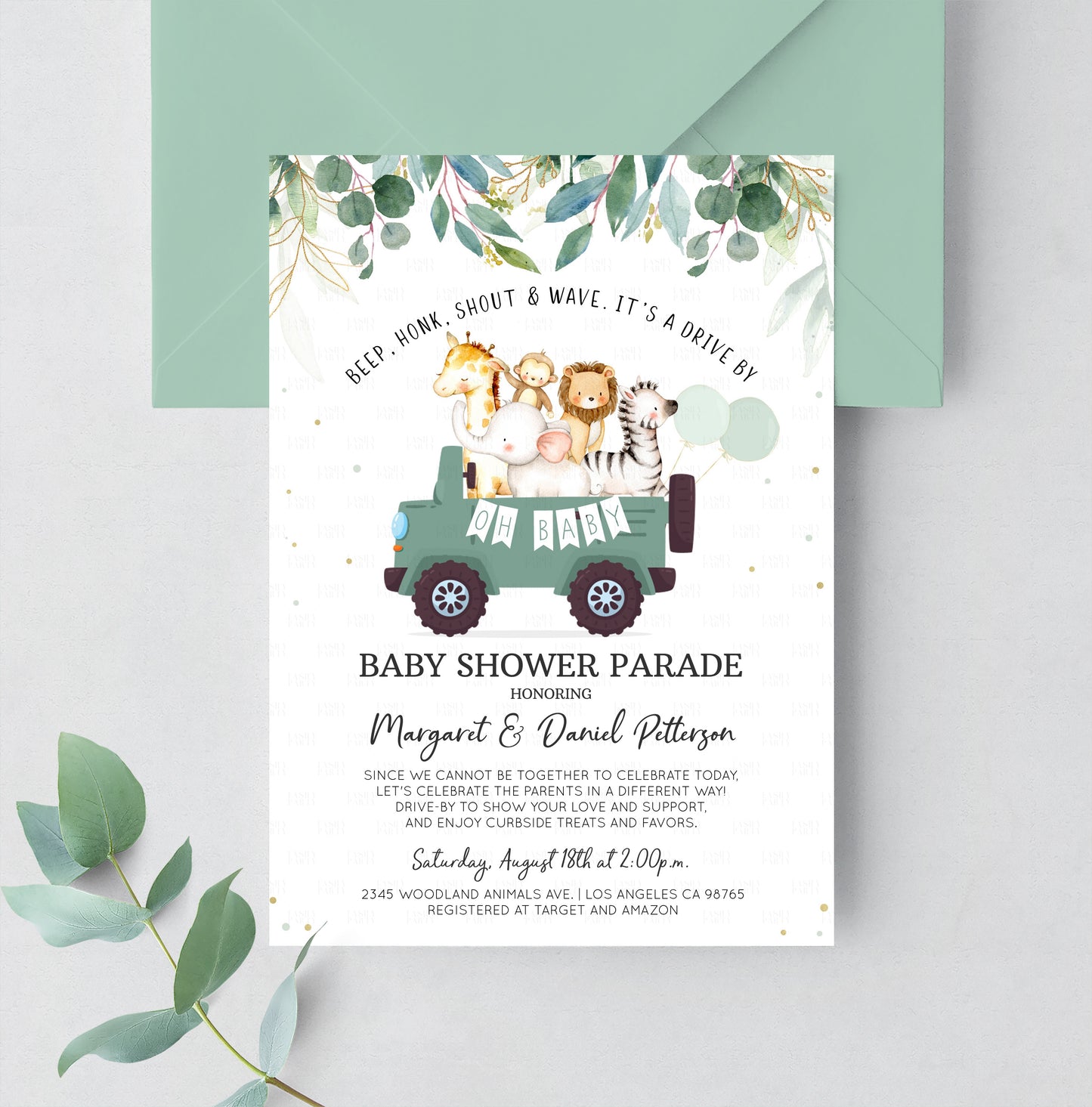 Editable Safari Drive By Baby Shower Invitation