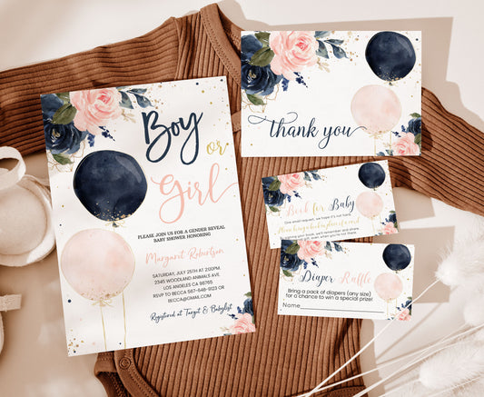 Editable Navy And Blush Floral Baby Shower Invitation Set