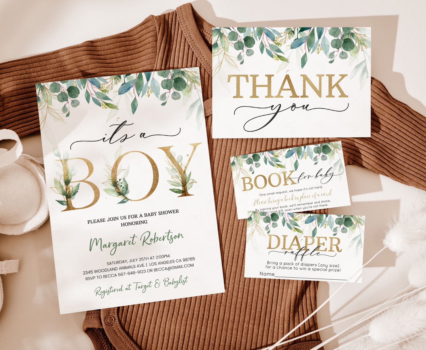 Editable Greenery Baby Shower Invitation Set