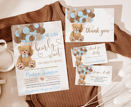 Editable Teddy Bear Baby Shower Invitation Set