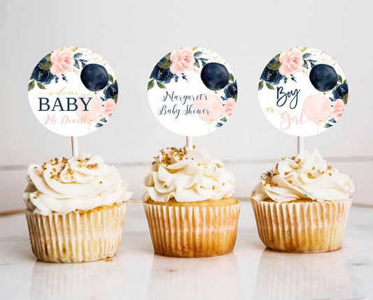 Editable Navy And Blush Floral Baby Shower Cupcake toppers