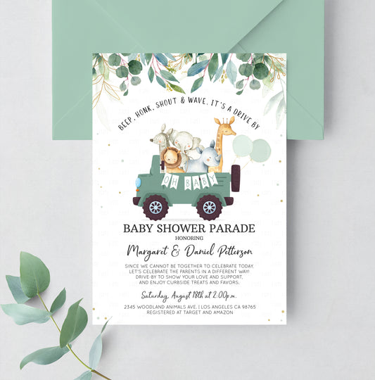 Editable Safari Drive By Baby Shower Invitation