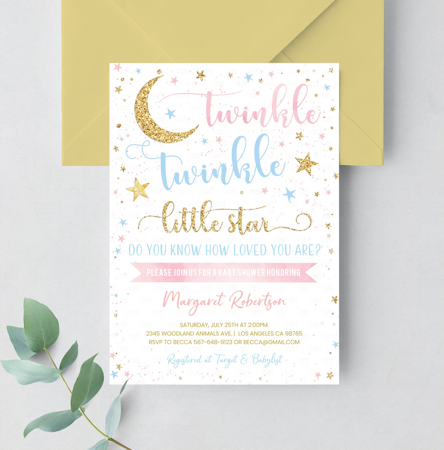 Editable Twinkle Twinkle Little Star Baby Shower Invitation