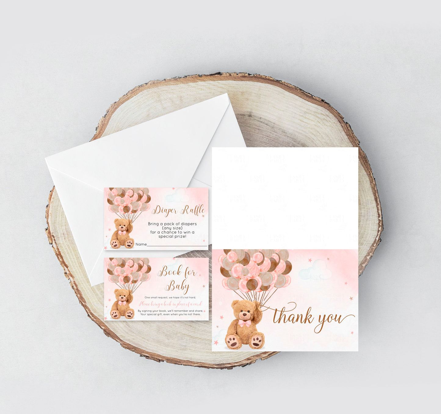 Teddy bear Baby Shower Thank you card, Diaper Raffle, Book for Baby Girl, Bear themed Bring a book, Digital Insert Instant download