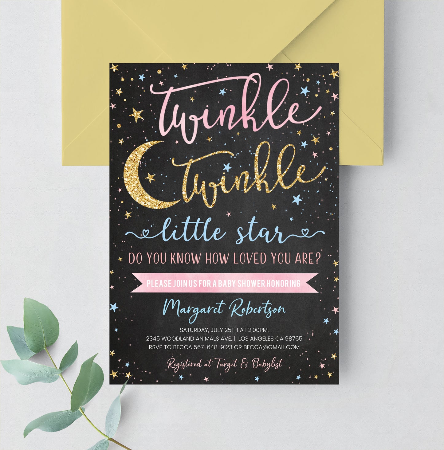 Editable Twinkle Twinkle Little Star Baby Shower Invitation