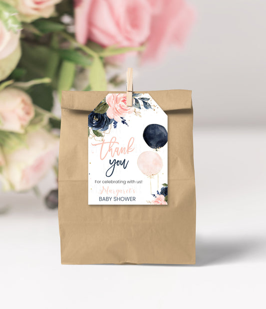 Editable Navy And Blush Floral Baby Shower Favor Tags