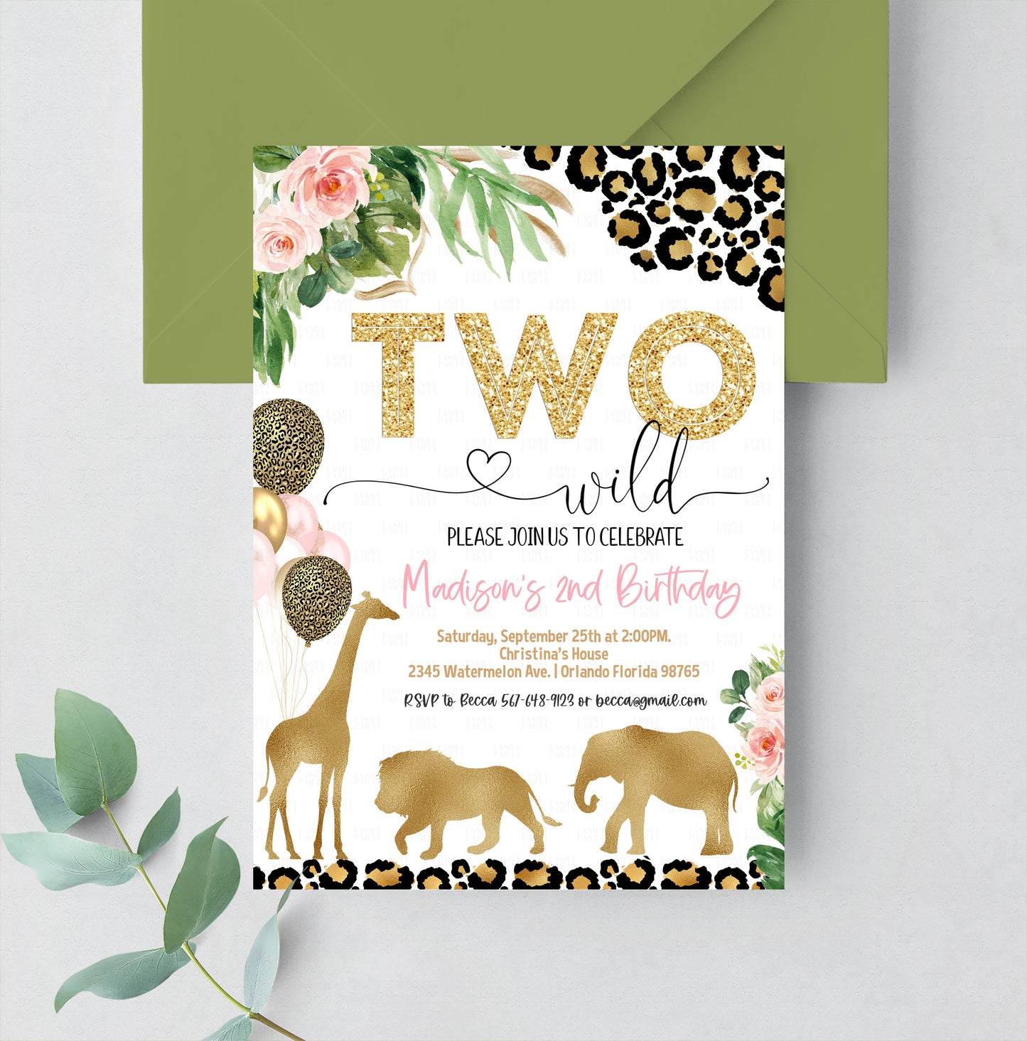 Editable Two Wild Leopard Print Jungle Birthday Party Invitation