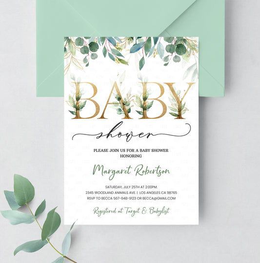 Editable Greenery Baby Shower Invitation