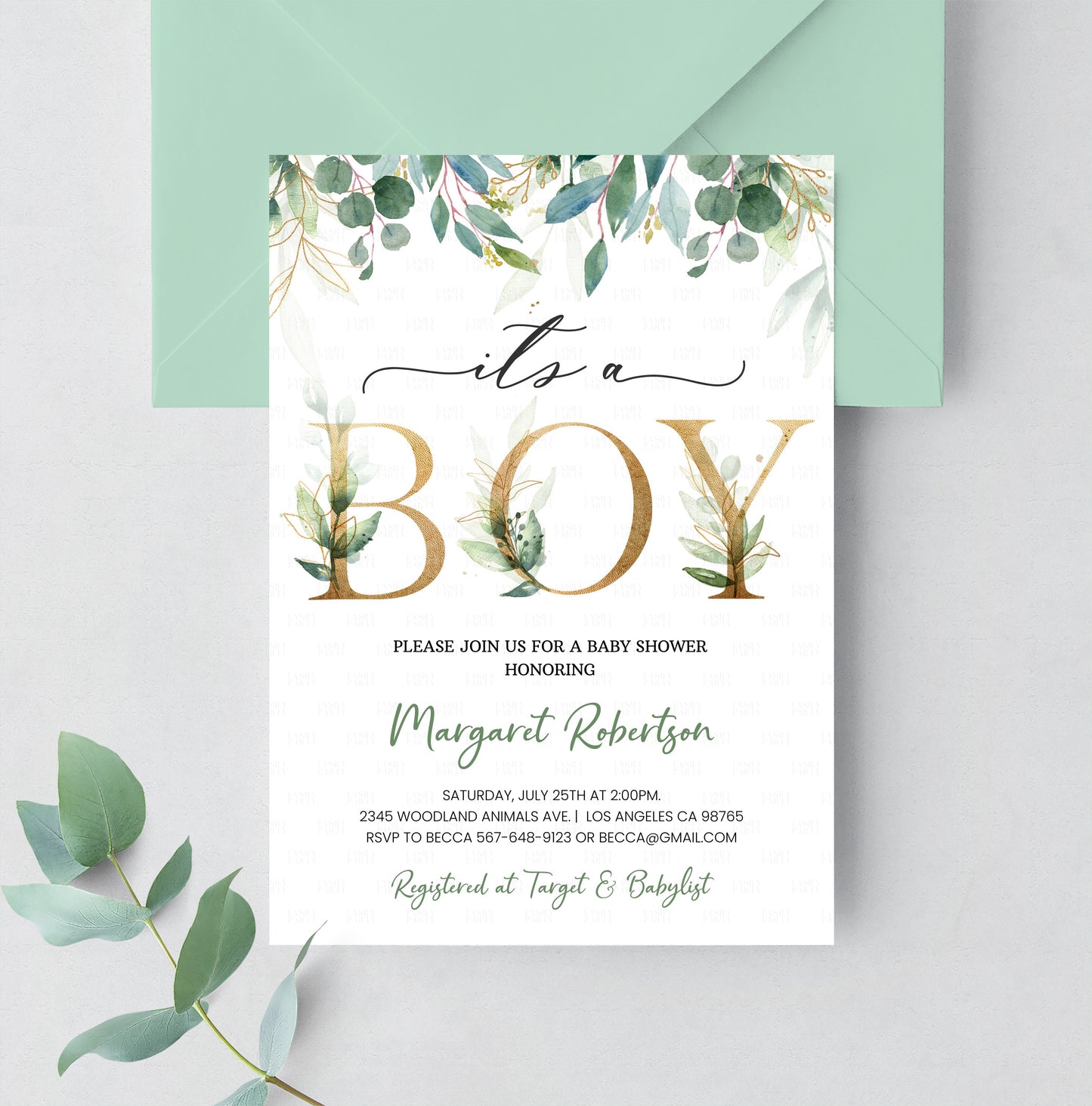 Editable Greenery Baby Shower Invitation