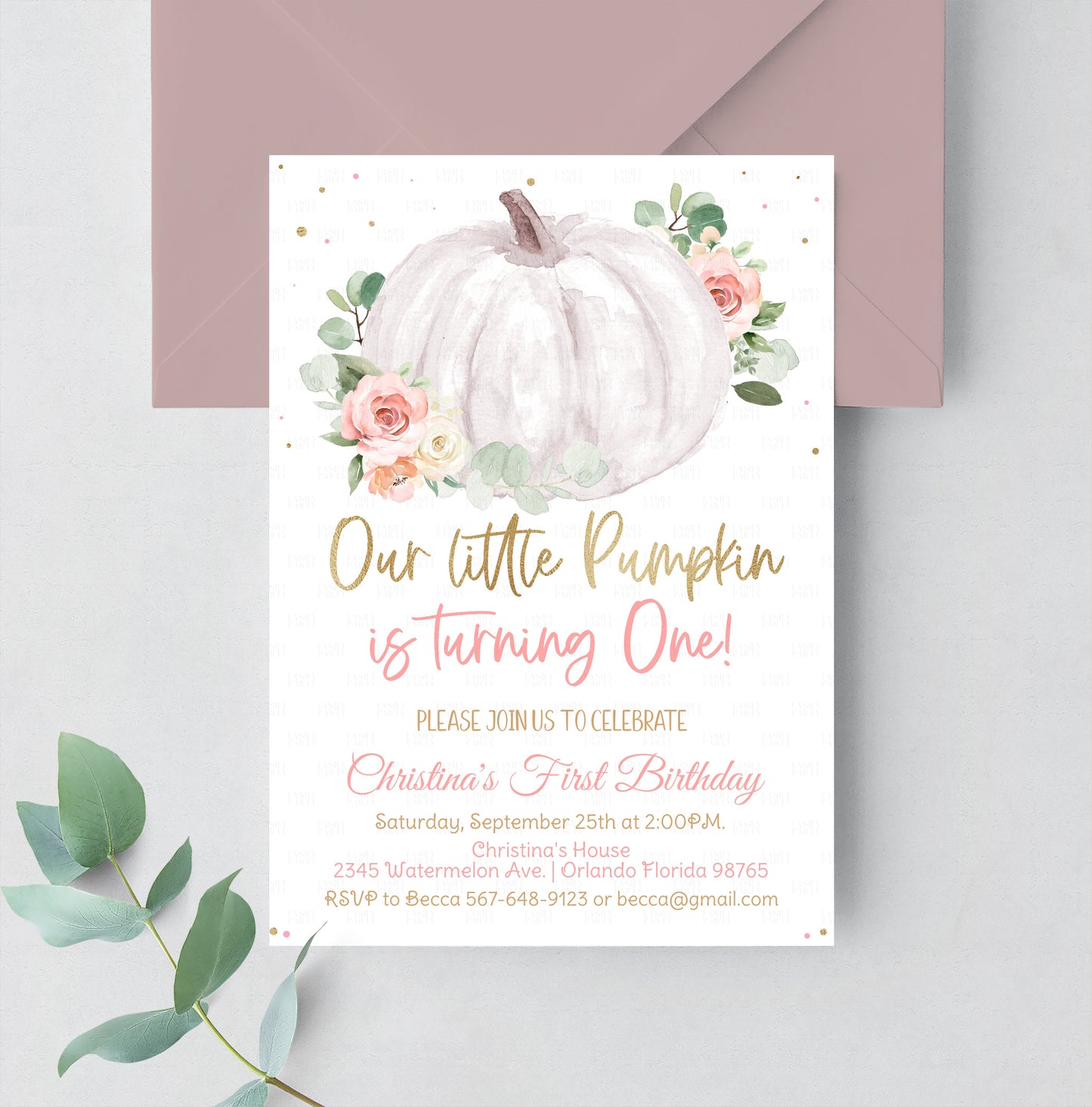 Editable Pumpkin First Birthday Invitation