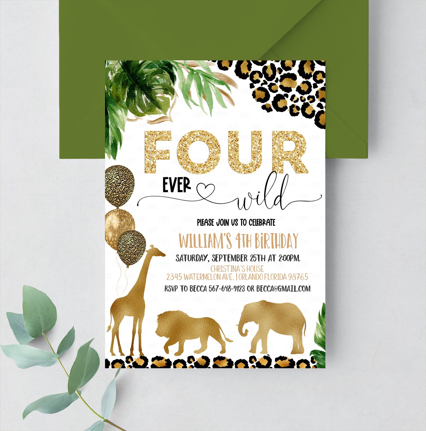 Editable Four Ever Wild Leopard Print Jungle Birthday Party Invitation