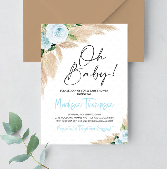 Editable Pampas Grass Baby Shower Invitation