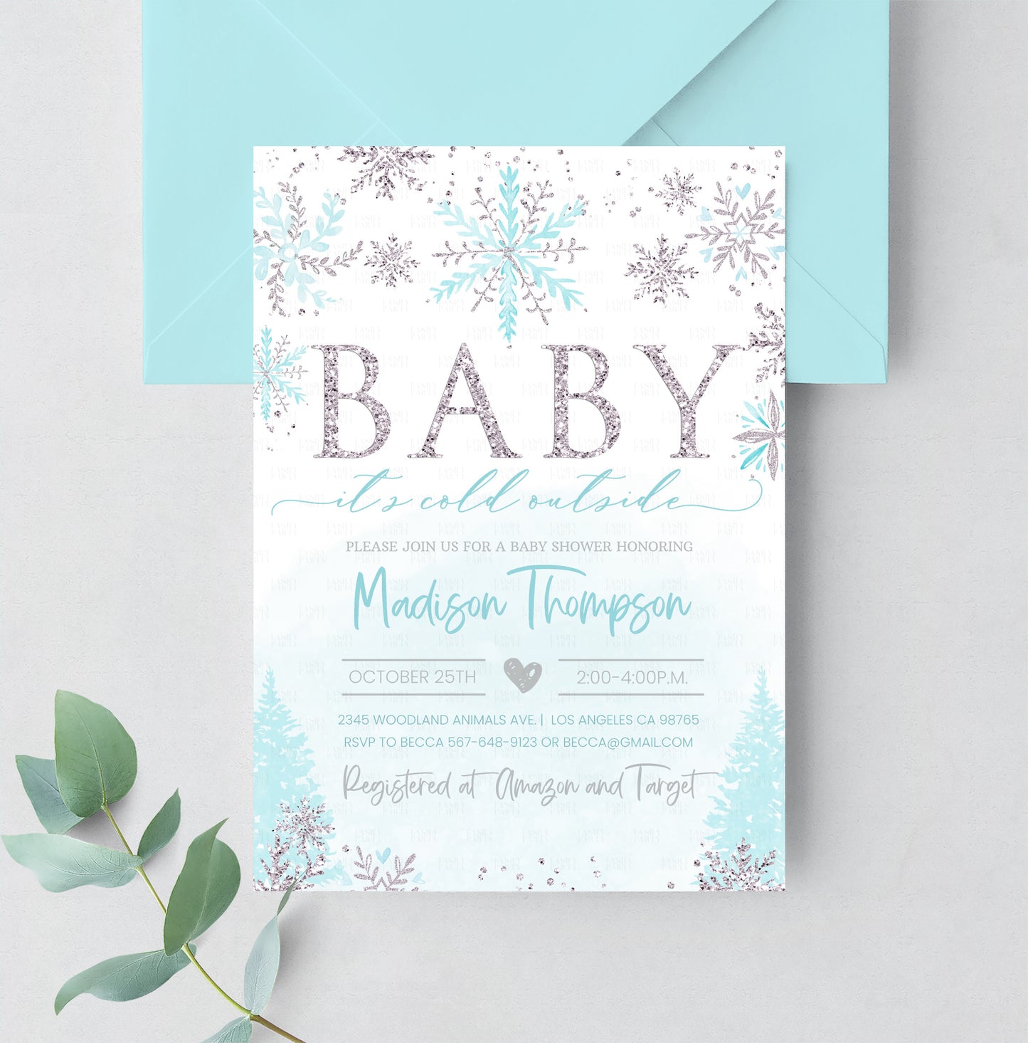 Editable Winter Blue Silver Baby Shower Invitation