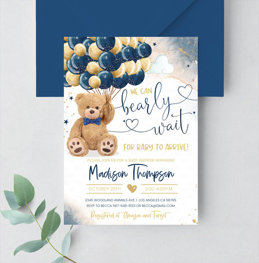 Editable Teddy Bear Baby Shower Invitation