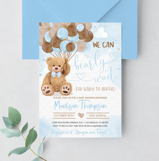 Editable Teddy Bear Baby Shower Invitation