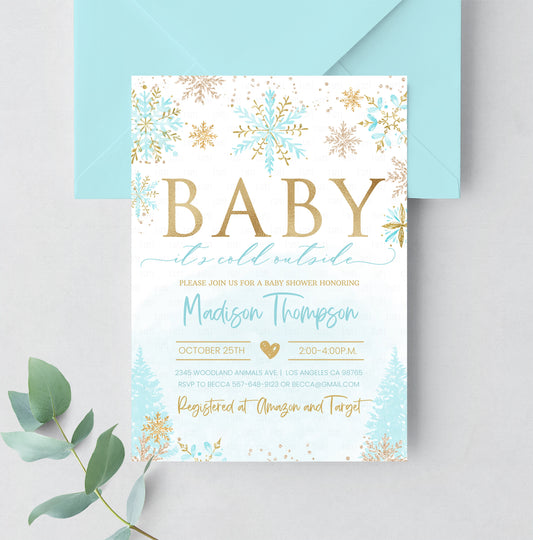 Editable Winter Blue Gold Baby Shower Invitation