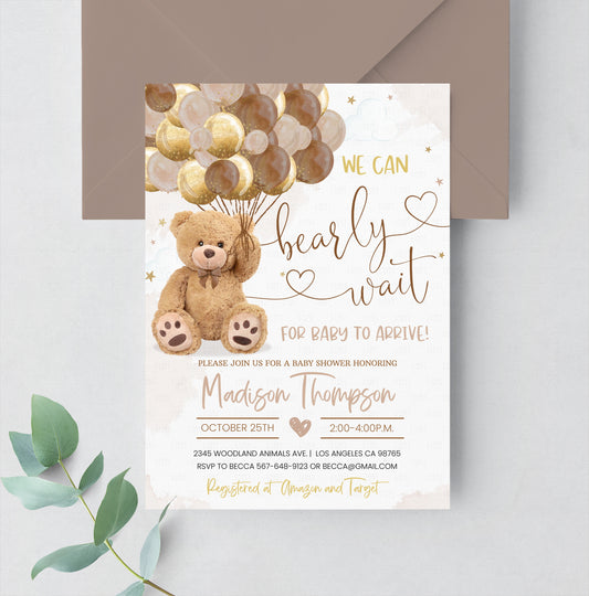 Editable Teddy Bear Baby Shower Invitation