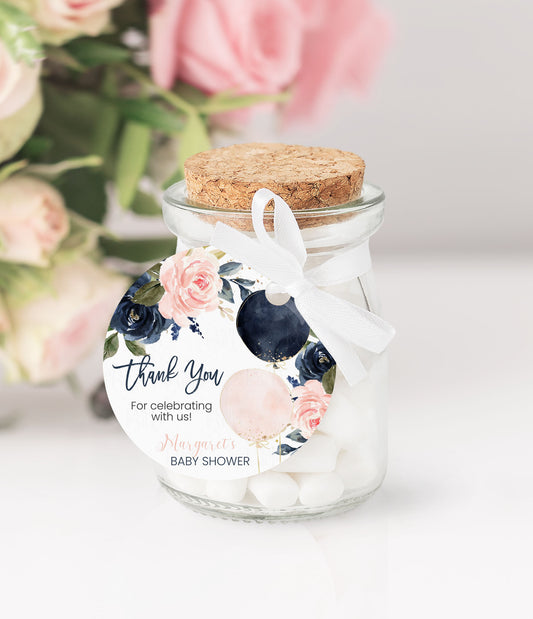 Editable Navy And Blush Floral Baby Shower Favor Tags