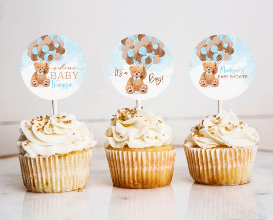 EDITABLE Teddy bear baby shower Cupcake Toppers