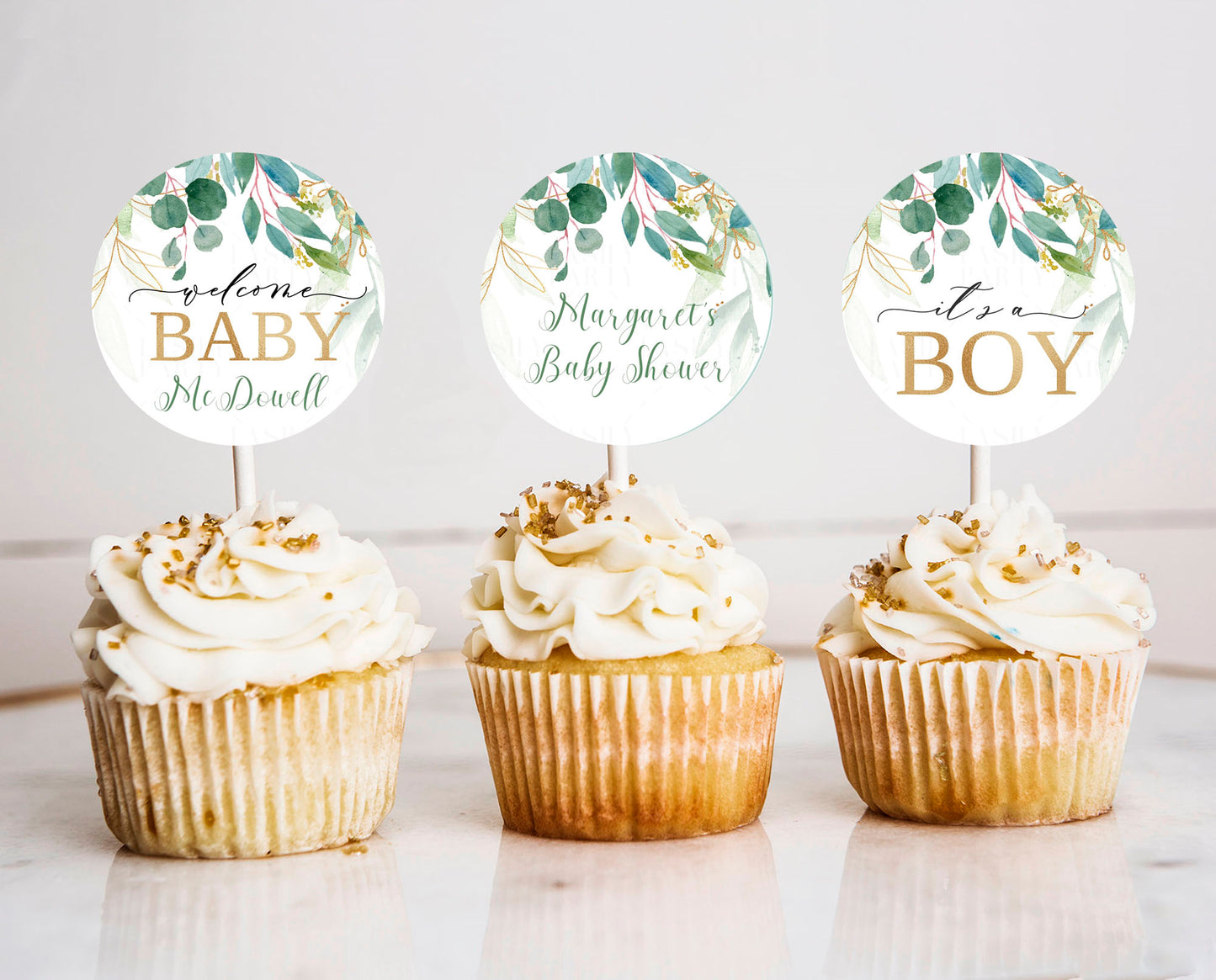 Editable Greenery Baby Shower Cupcake Toppers