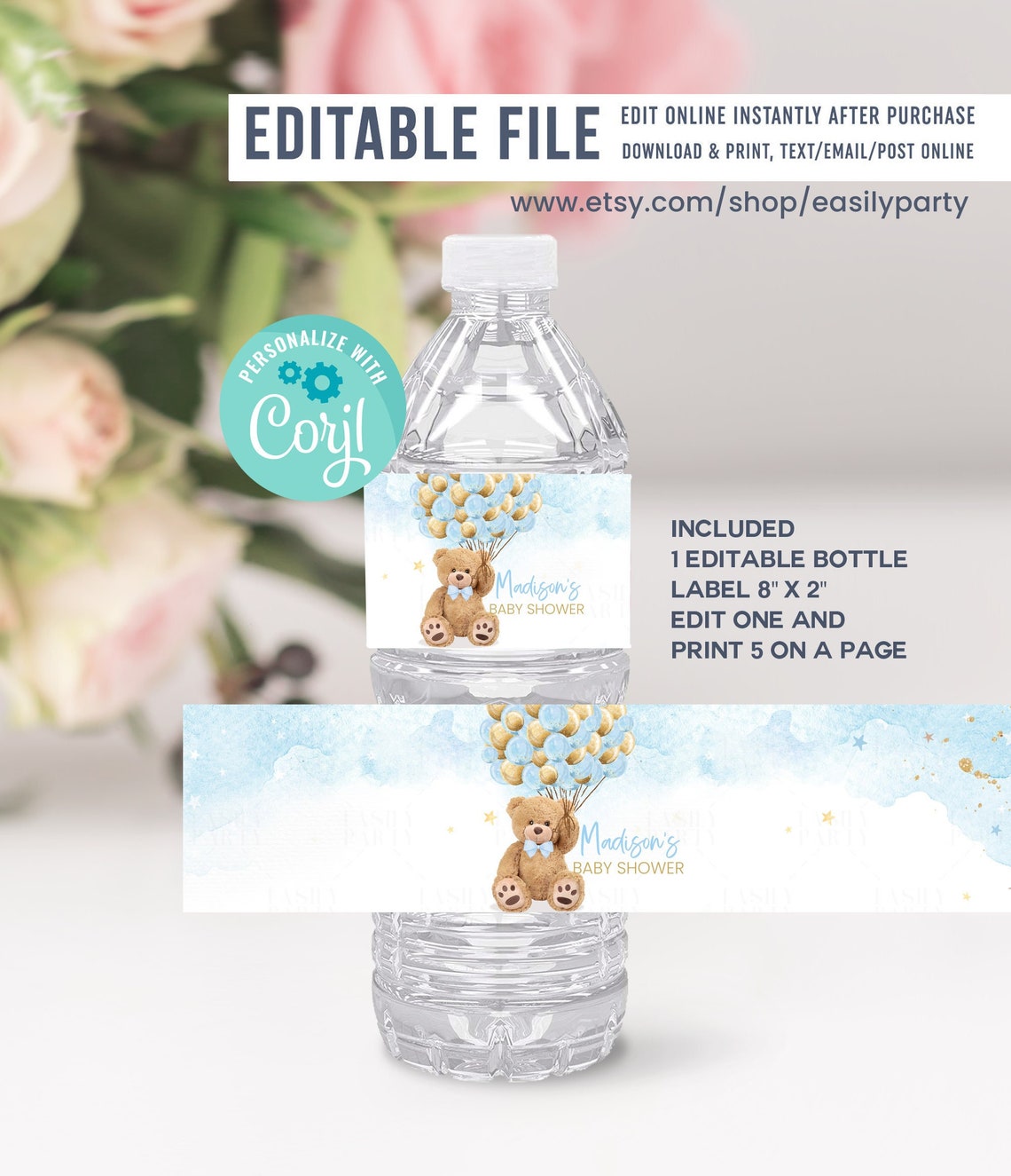 EDITABLE Teddy bear baby shower Water bottle label