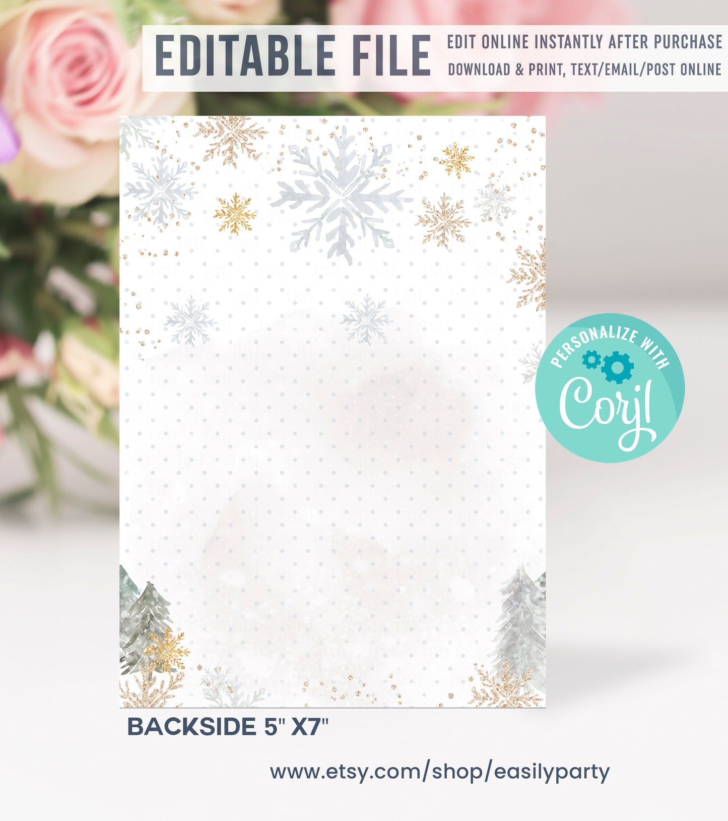 Editable Winter White Gold Baby Shower Invitation