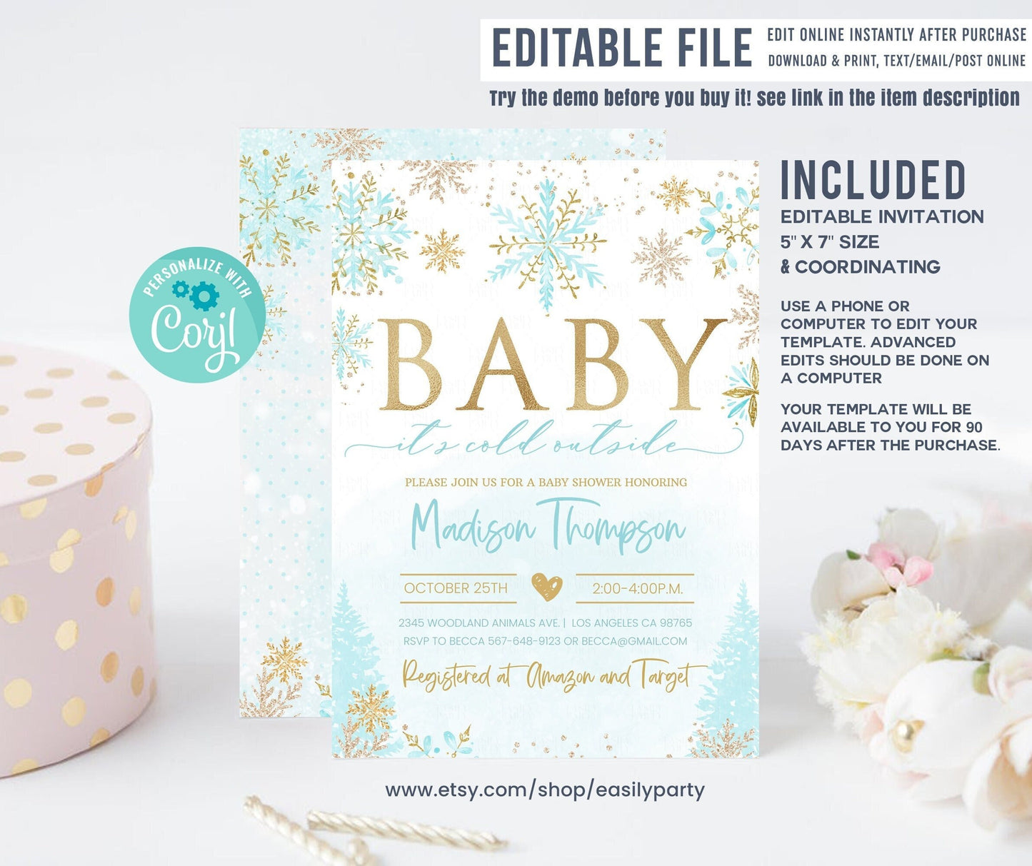 Editable Winter Blue Gold Baby Shower Invitation