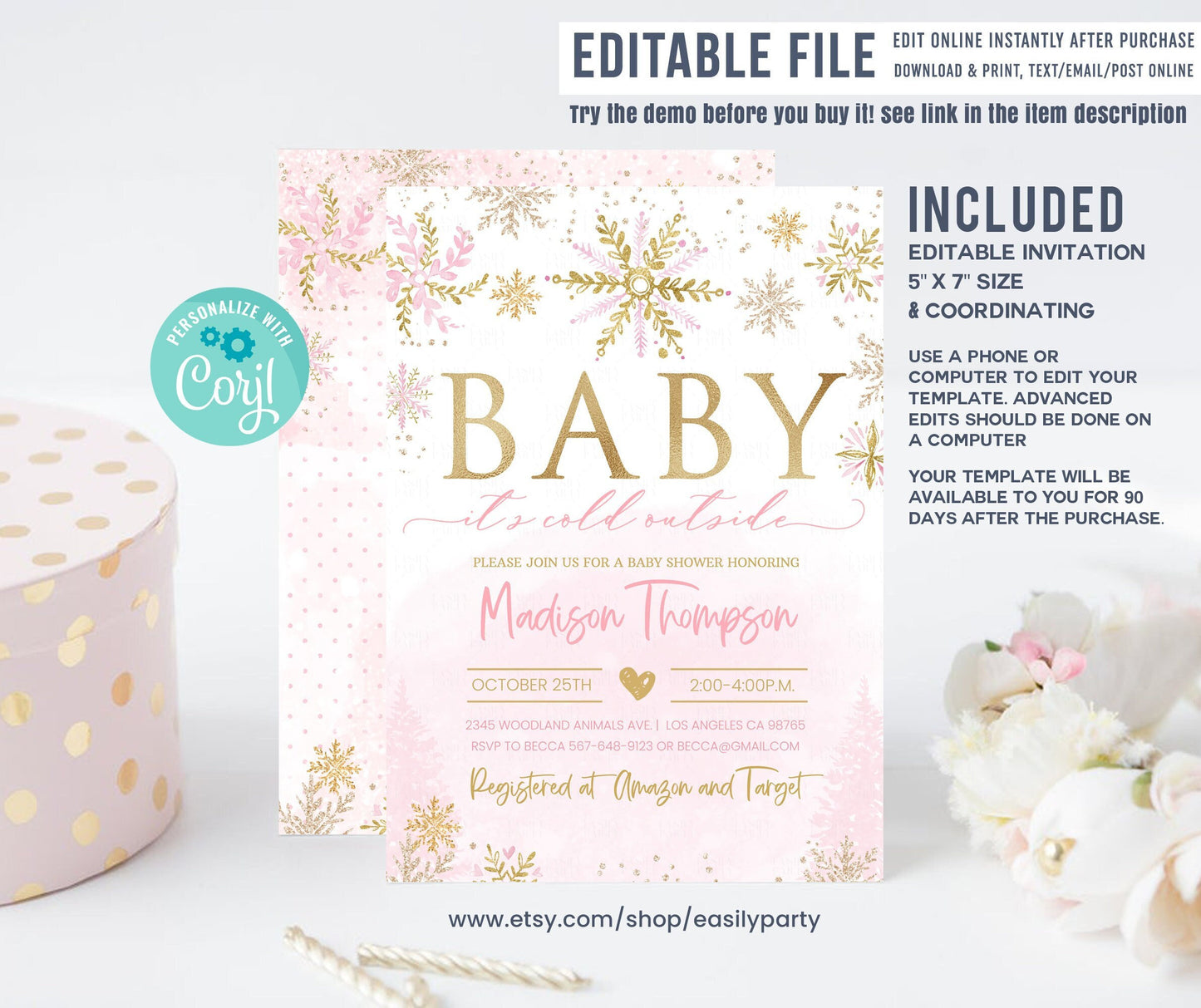 Editable Winter Pink Gold Baby Shower Invitation