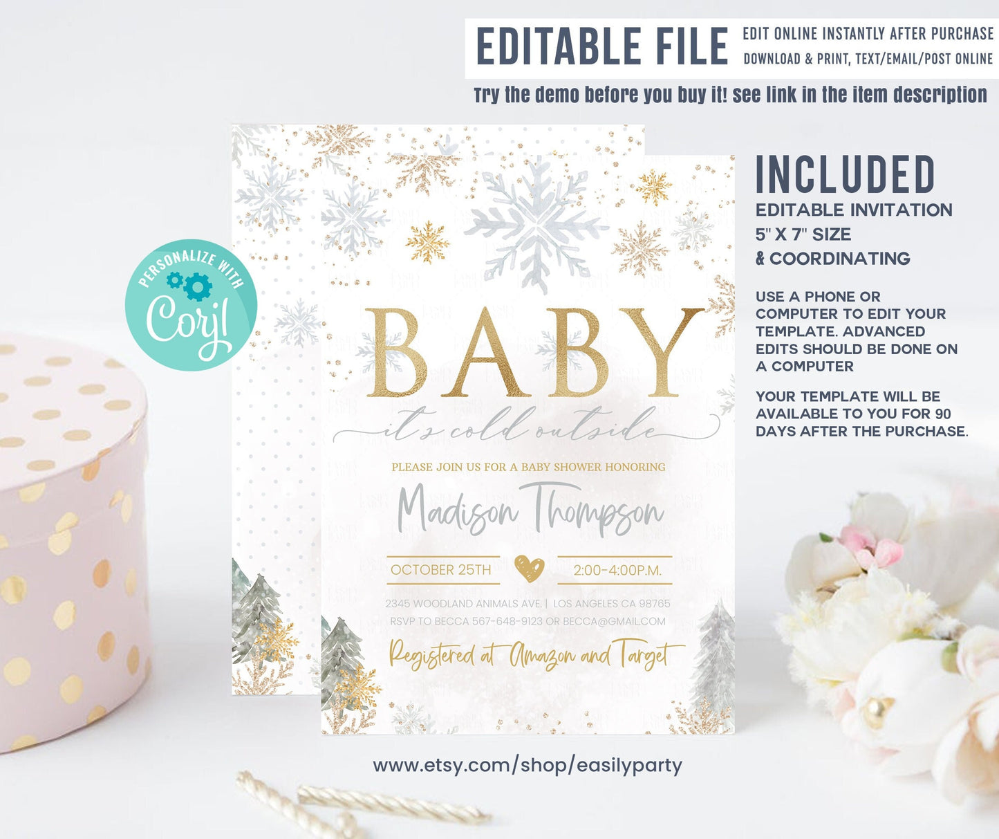 Editable Winter White Gold Baby Shower Invitation