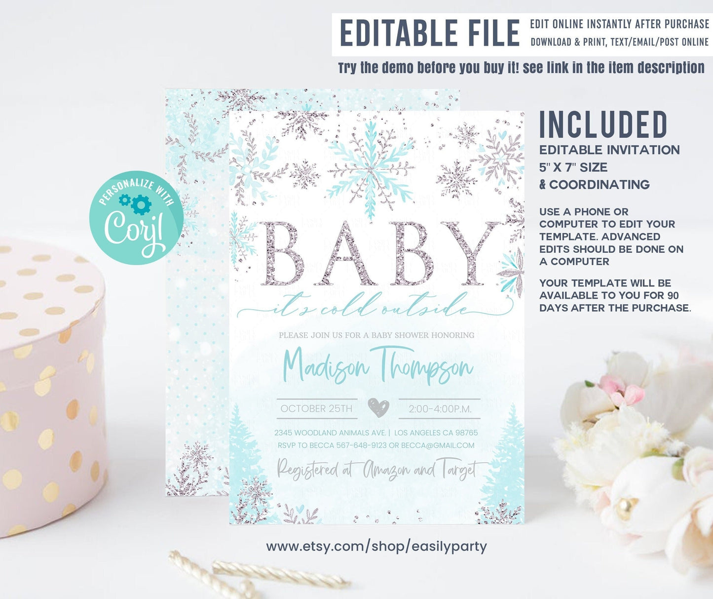 Editable Winter Blue Silver Baby Shower Invitation