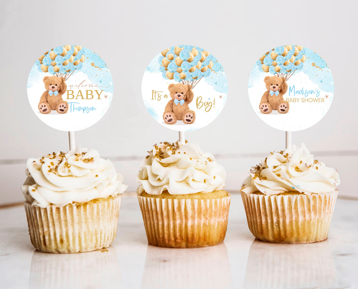 EDITABLE Teddy bear baby shower Cupcake Toppers