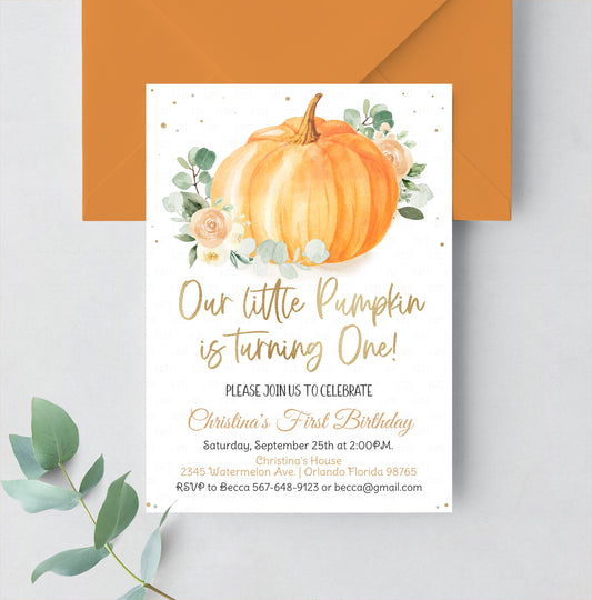 Editable Pumpkin First Birthday Invitation