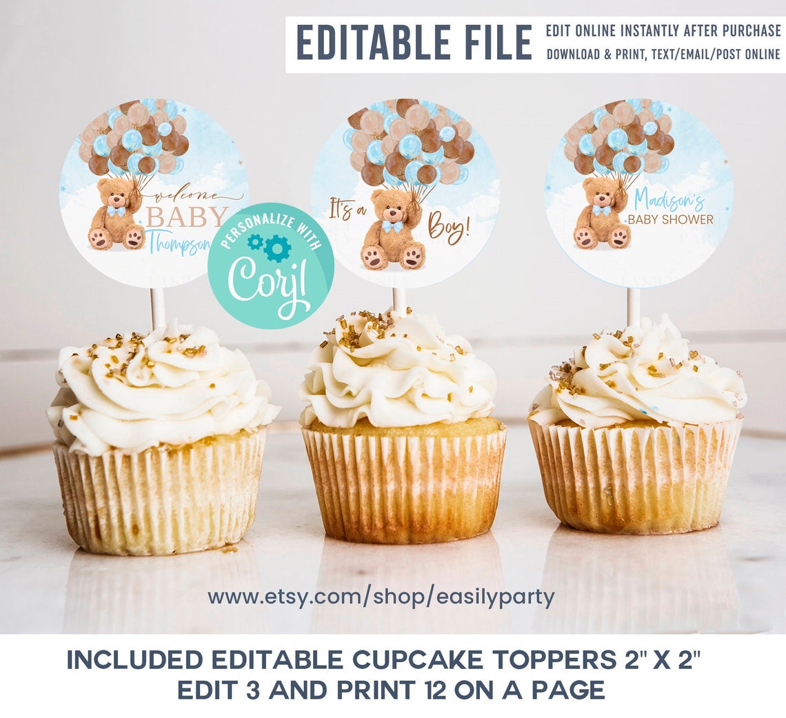 EDITABLE Teddy bear baby shower Cupcake Toppers