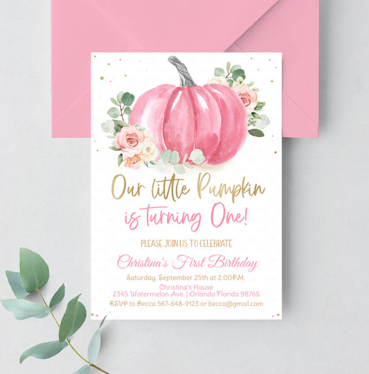 Editable Pumpkin First Birthday Invitation