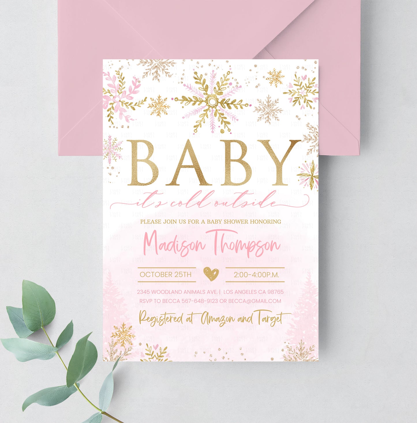 Editable Winter Pink Gold Baby Shower Invitation