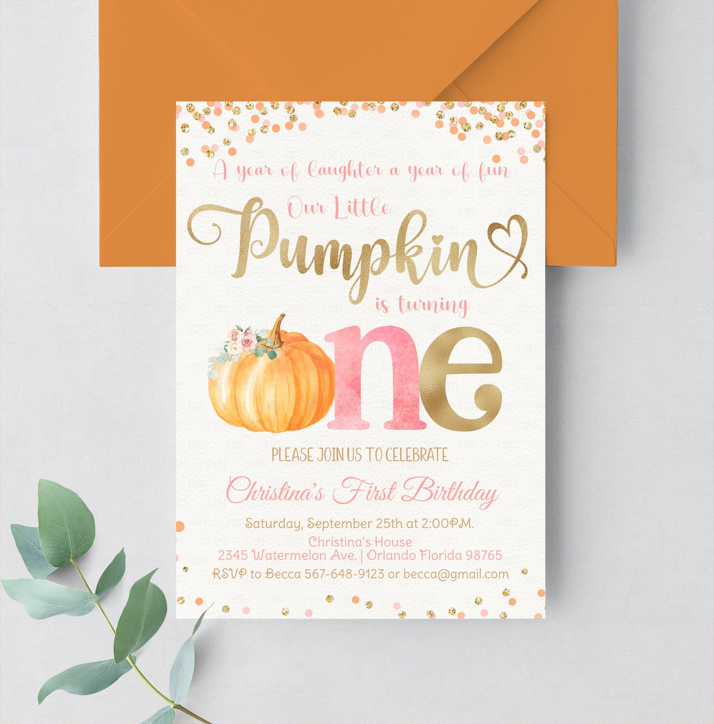 Editable Pumpkin First Birthday Invitation