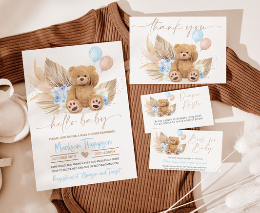 Editable Teddy Bear Baby Shower Invitation Set