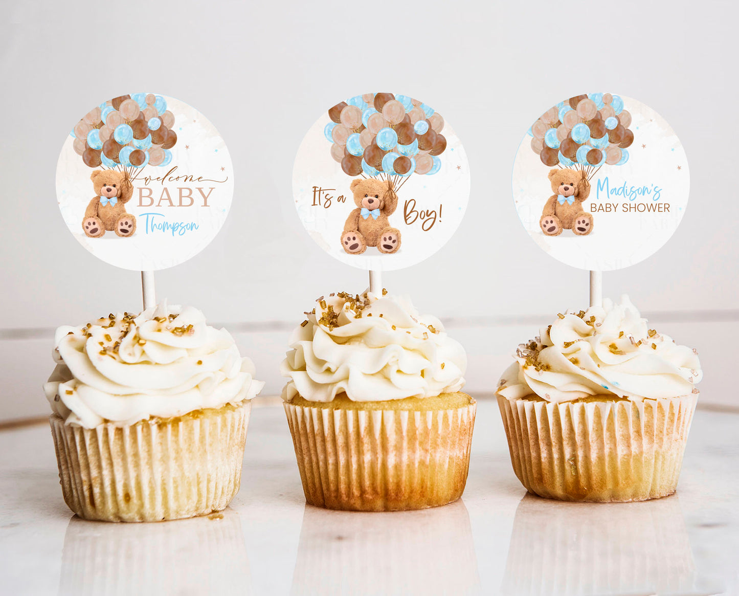 EDITABLE Teddy bear baby shower Cupcake Toppers