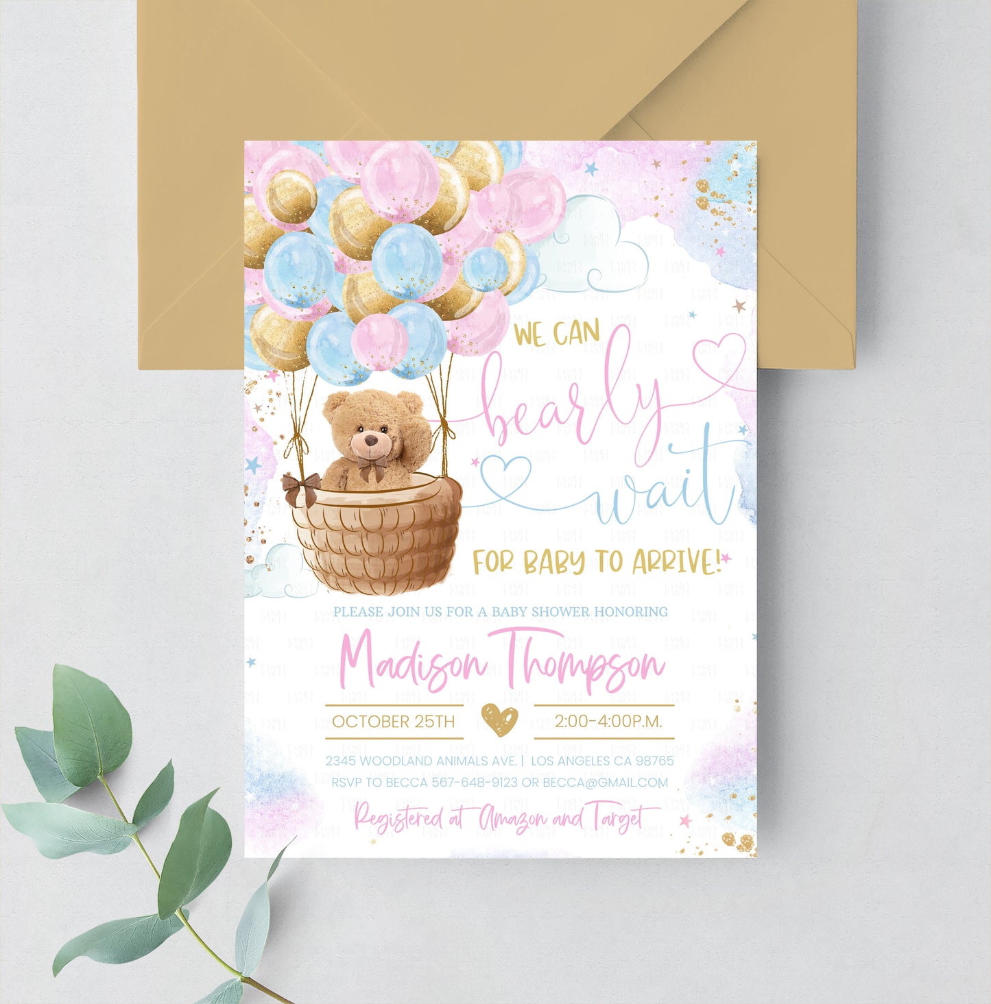 Editable Teddy Bear Baby Shower Invitation