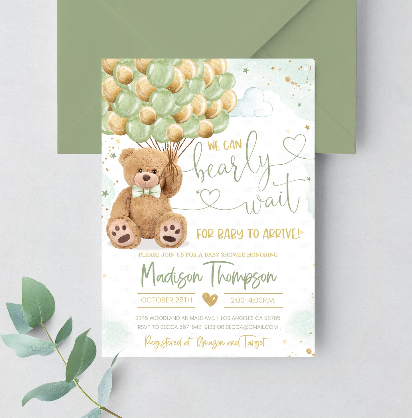 Editable Teddy Bear Baby Shower Invitation