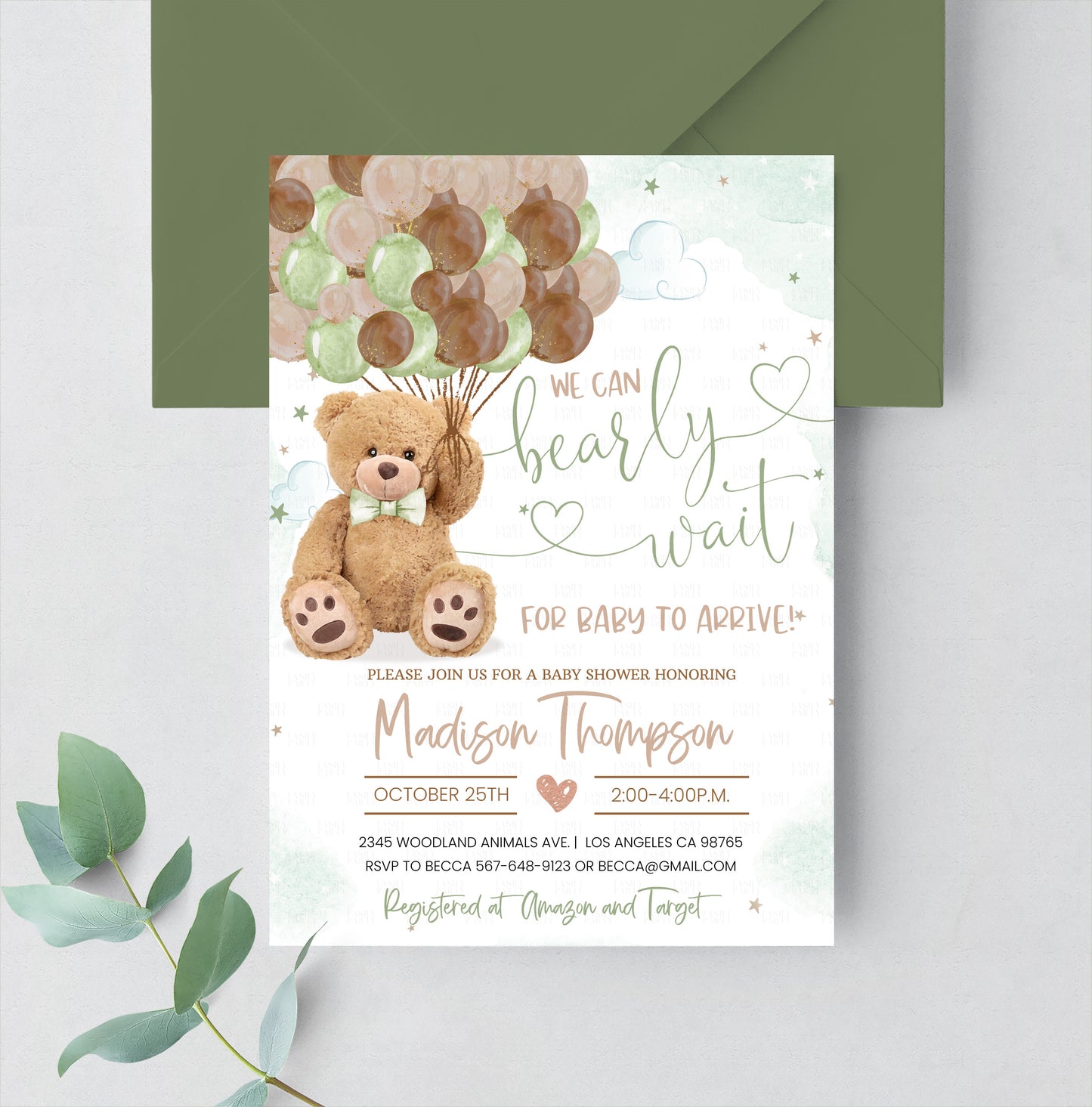 Editable Teddy Bear Baby Shower Invitation