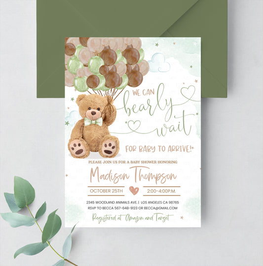 Editable Teddy Bear Baby Shower Invitation