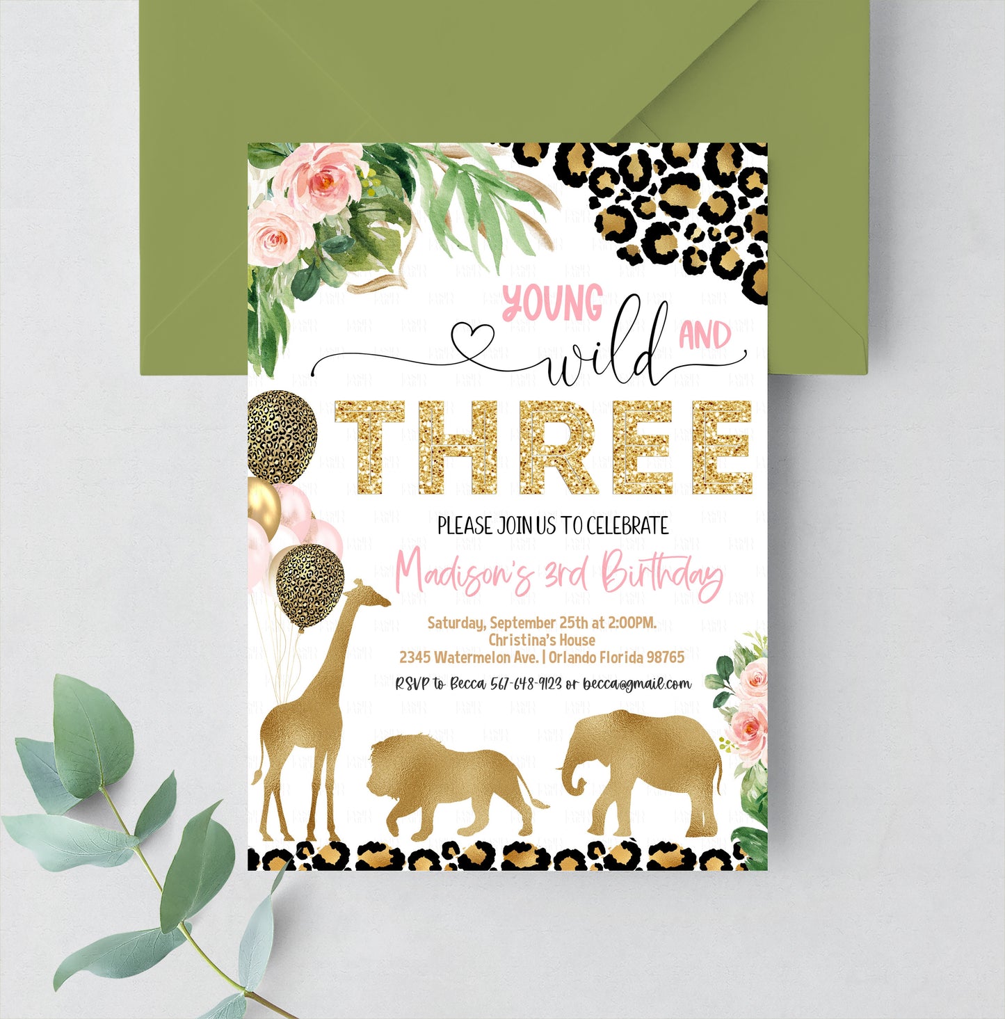 Editable Young Wild And Three Leopard Print Safari Animals Birthday Party Invitation