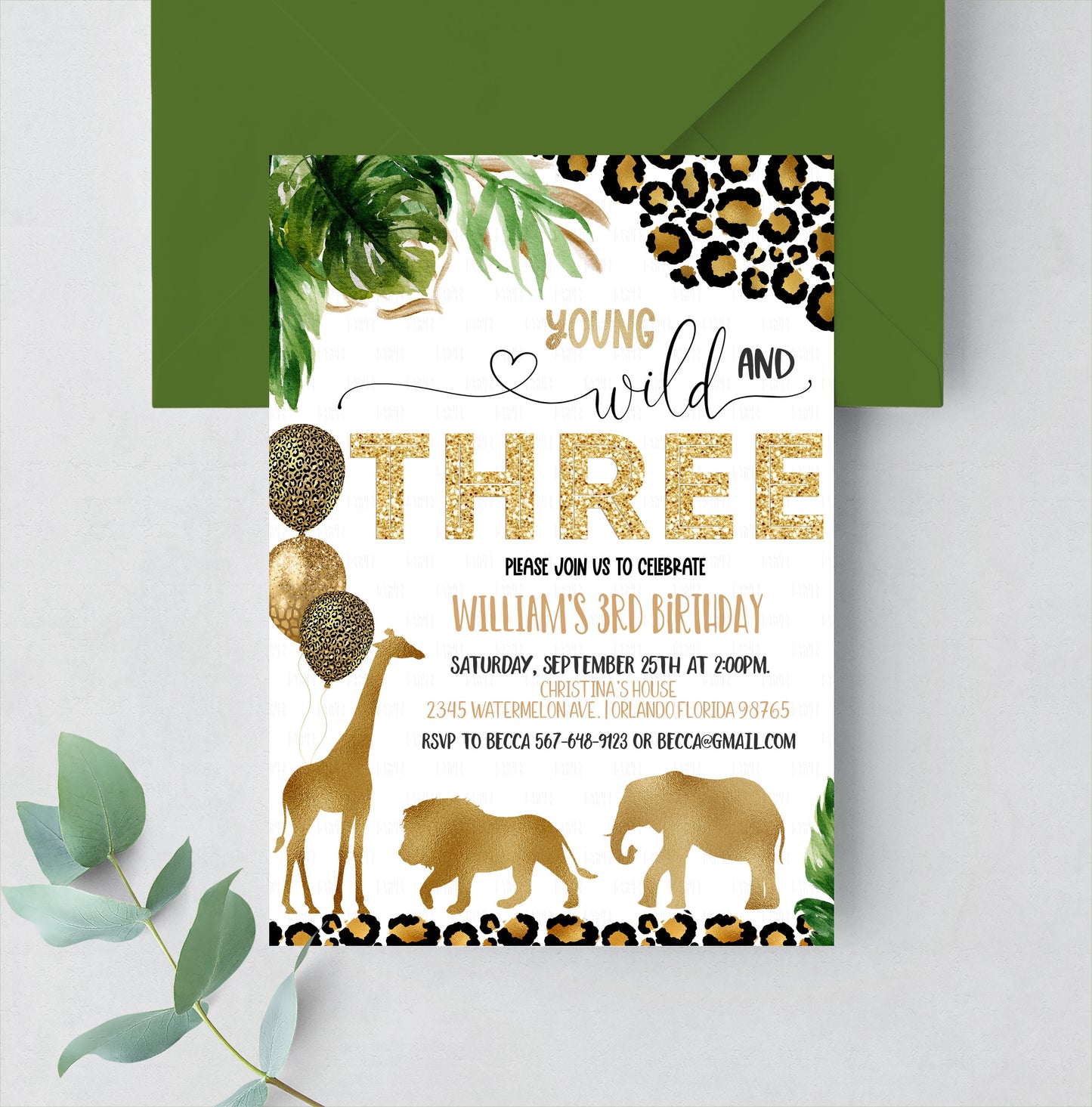 Editable Young Wild And Three Leopard Print Safari Animals Birthday Party Invitation